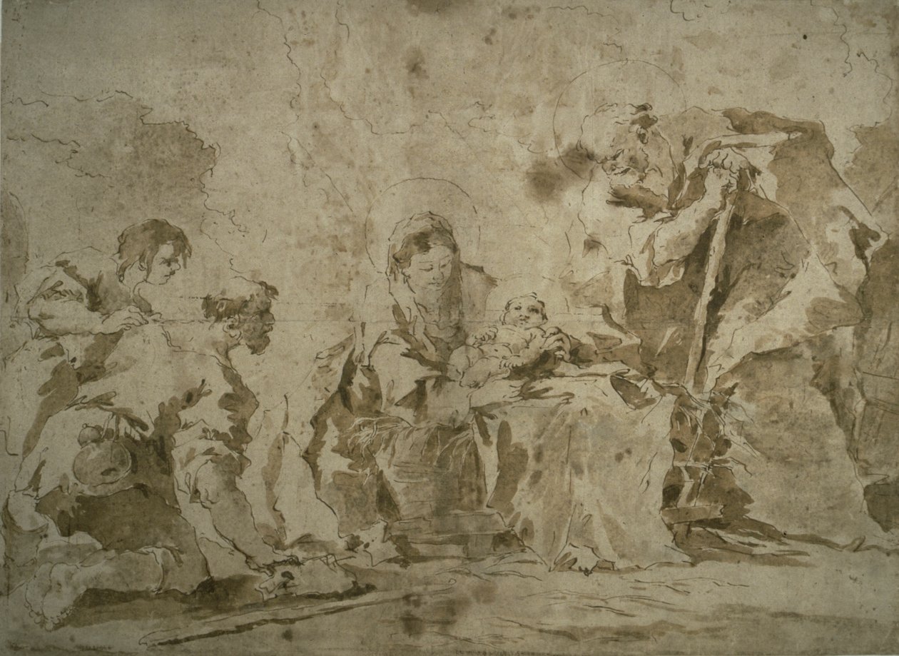 Klanění pastýřů (recto); Tři skici: Stavby u kanálu s loděmi, Krajina se zástavbou na svahu, Stavby s portikem (verso). od Francesco Guardi