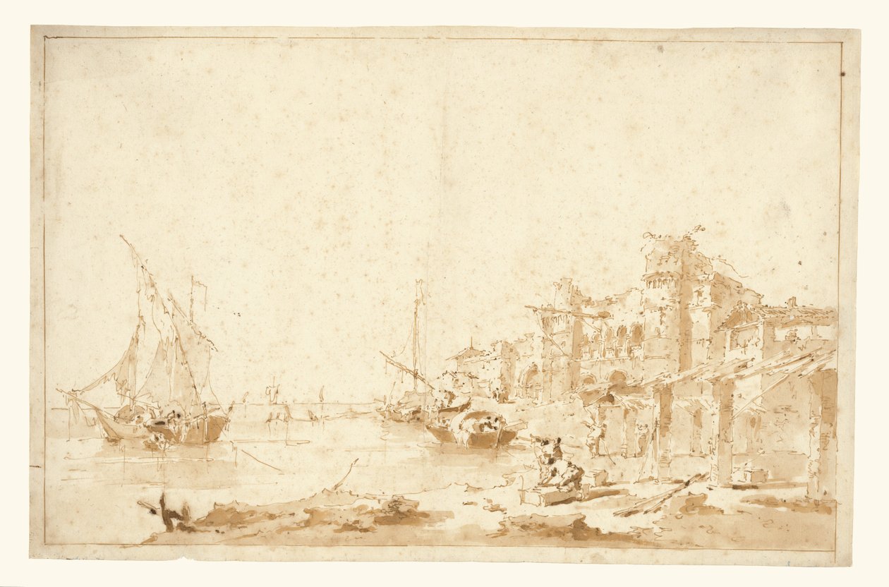 Imaginární pohled na benátskou lagunu s pevností na břehu od Francesco Guardi
