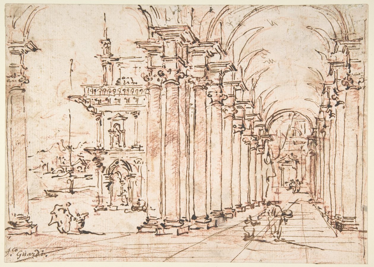 Architektonické capriccio: Klenutá kolonáda paláce od Francesco Guardi