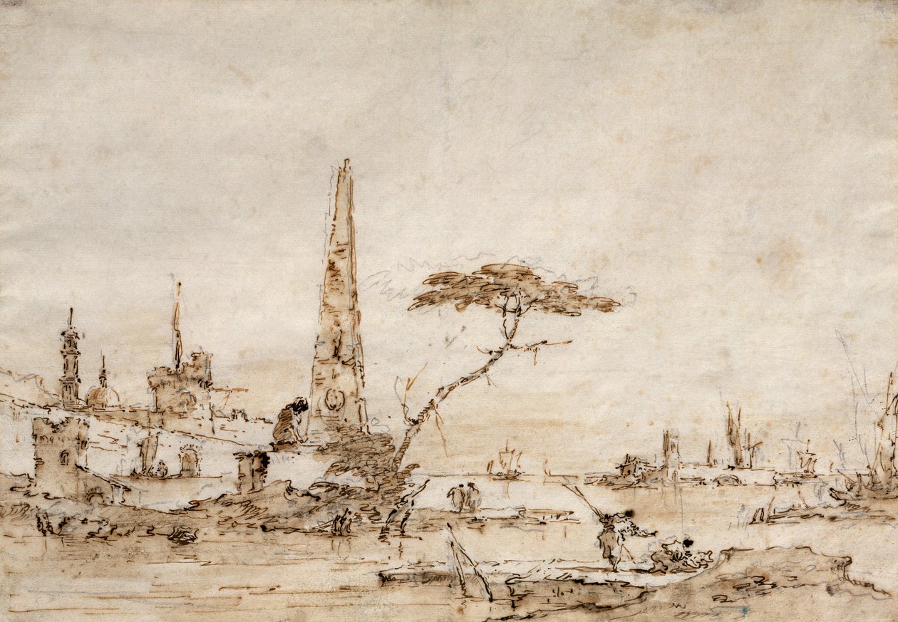Capriccio u benátské laguny s obeliskem a lvem za hradbami opevněného města (pero a inkoust) od Francesco Guardi