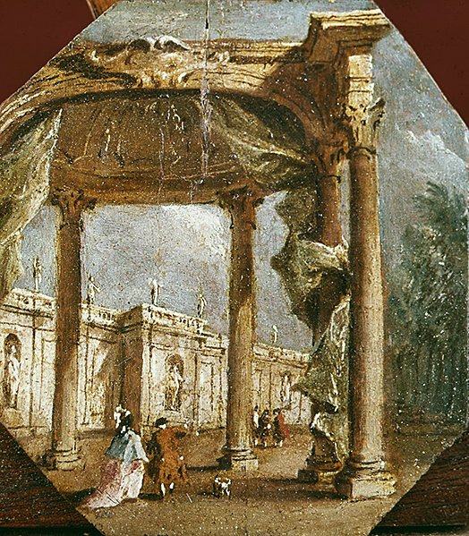 Capriccio blázna s elegantním párem a psem (olej na desce) od Francesco Guardi