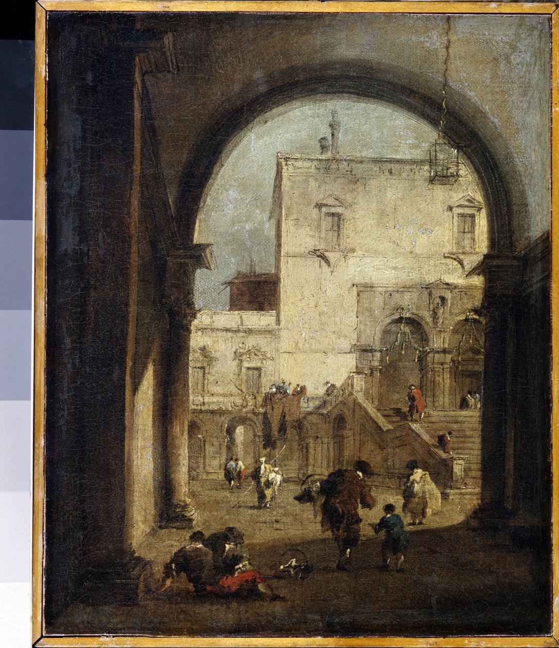 Benátské capriccio: pohled na náměstí a palác Obraz od Francesca Guardiho (1712-1793) 1775-1780 ne. 27x23 cm Muzeum Ermitáž, Petrohrad od Francesco Guardi