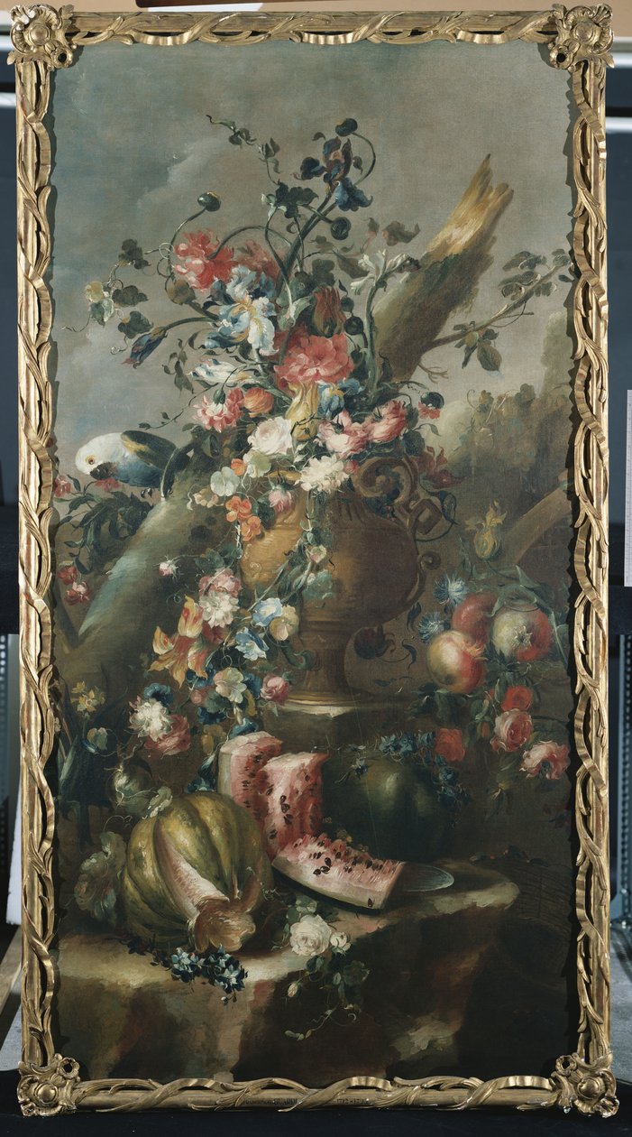 Květiny ve vyřezávané urně s melouny a papouškem od Francesco Guardi