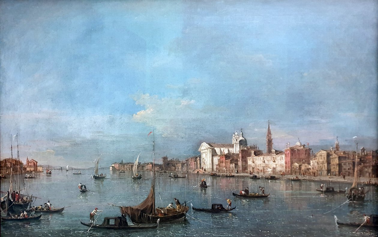 Německy: Blick auf den Giudecca-Kanal nach Nordwesten mit den Zattere Pohled přes kanál Giudecca na severozápad s řekou Zattere od Francesco Guardi