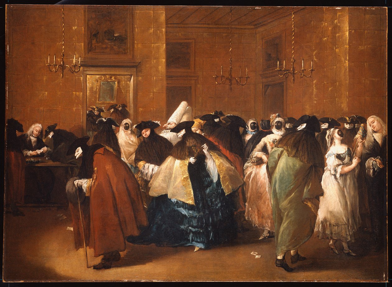 Dámy a pánové v karnevalovém kostýmu v Ridotto, Benátky od Francesco Guardi
