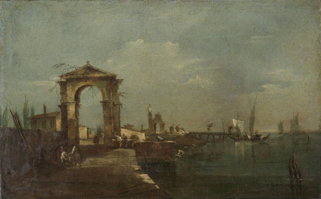 Krajina s přístavištěm a loděmi na jezeře od Francesco Guardi