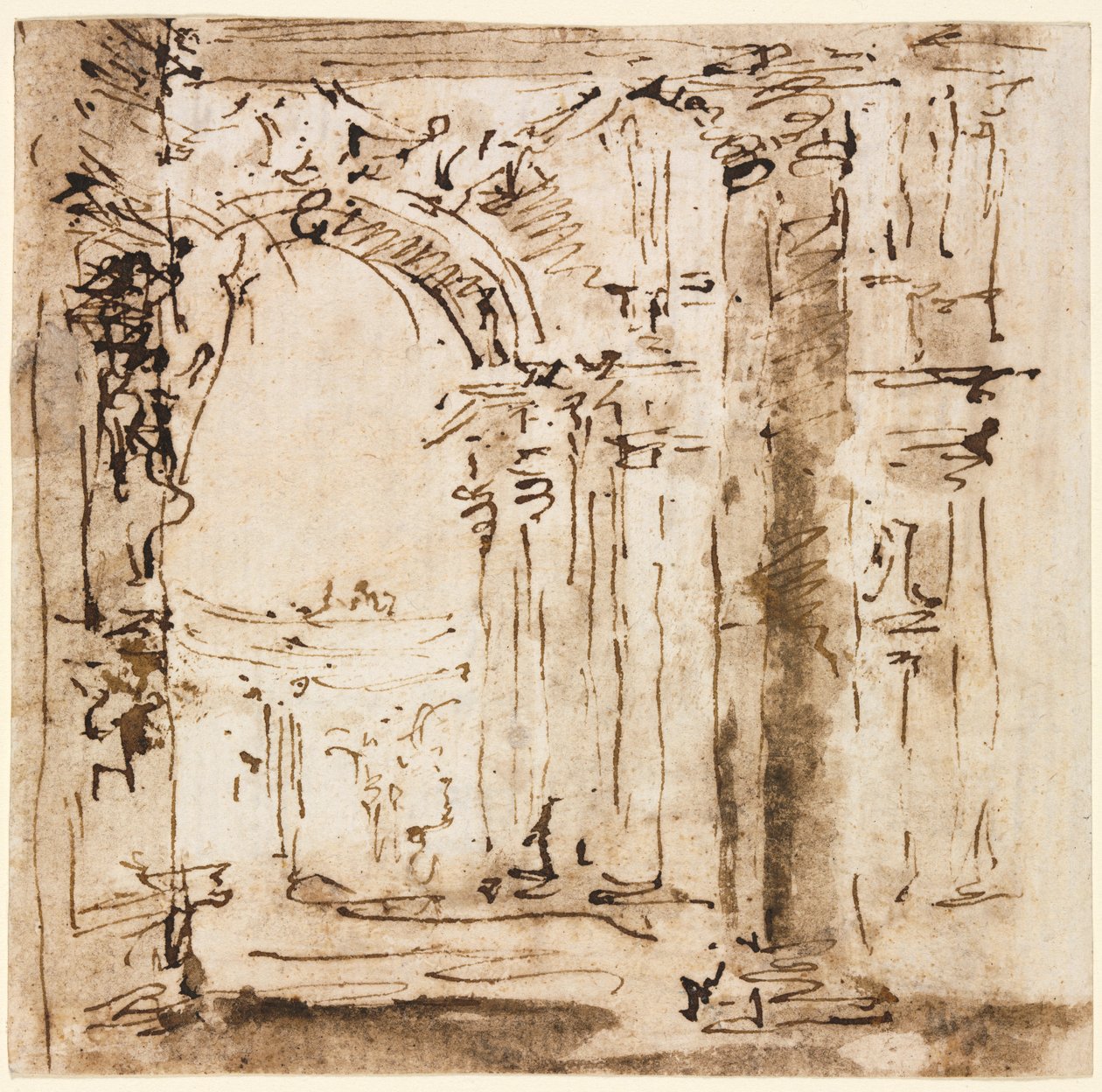 Dvojice kreseb: Náčrt labyrintu vily Pisani a náměstí Piazza San Marco s Dóžecím palácem od Francesco Guardi