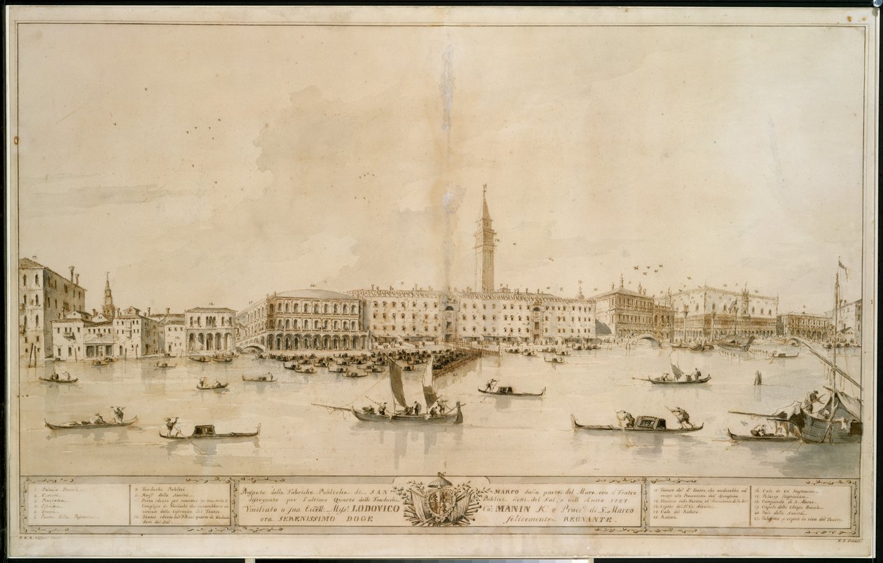 Panorama Benátek z Bacino di San Marco včetně návrhu zamýšleného Teatro Manin od Francesco Guardi