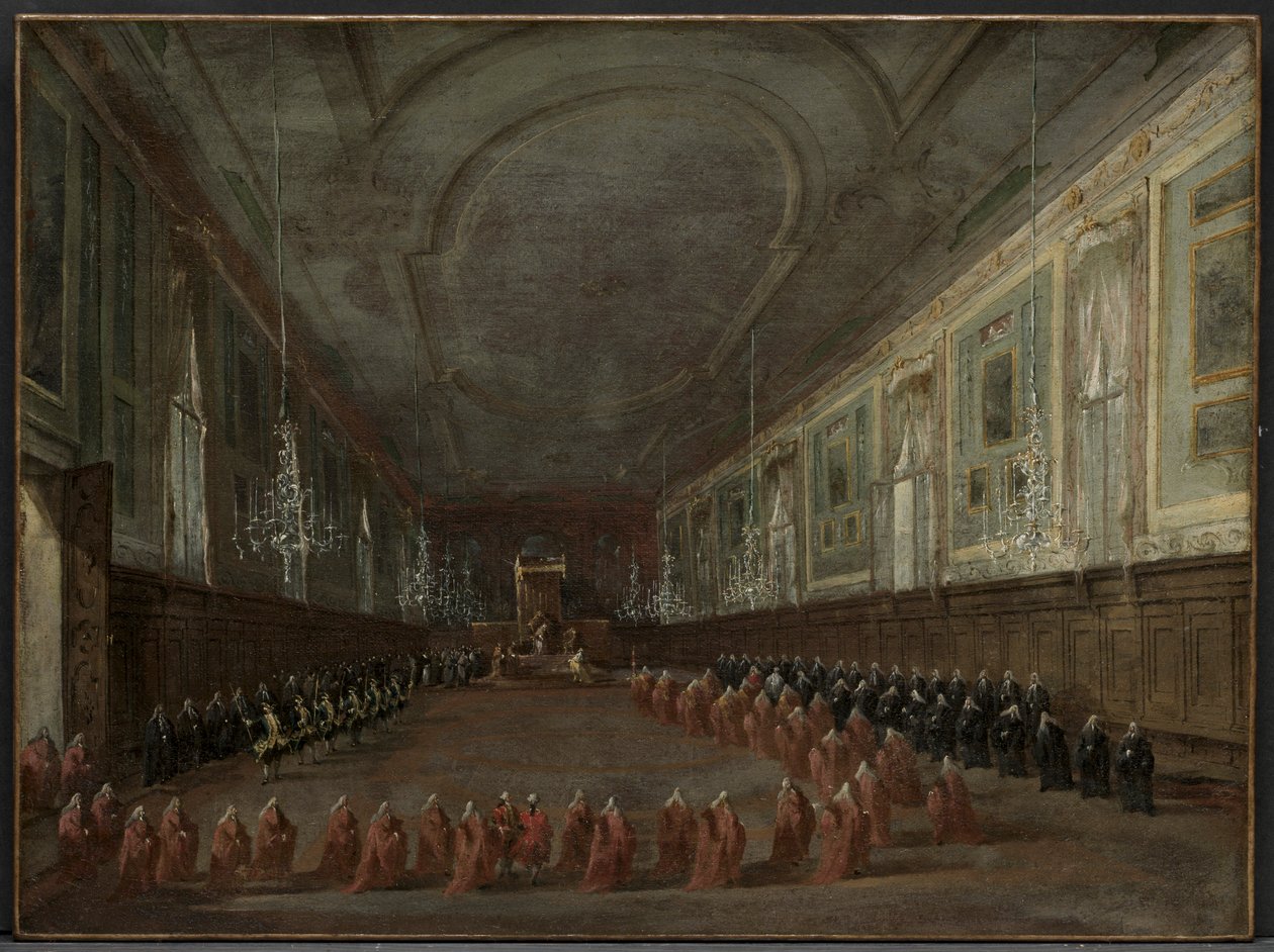 Papež Pius VI. sestupuje z trůnu, aby opustil dóžete v sále..., c. 1783. od Francesco Guardi