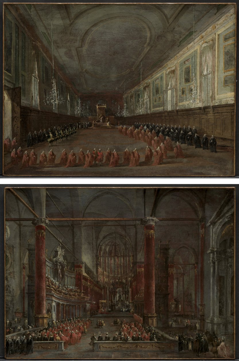 Papež Pius VI. sestupuje z trůnu, aby opustil dóžete v sále SS. Giovanni e Paolo, 1782 a papežský obřad v SS. Giovanni e Paolo, Benátky, 1782 (pár) od Francesco Guardi