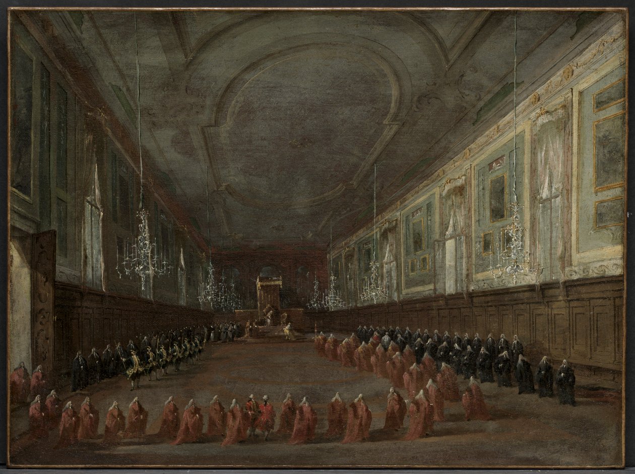 Papež Pius VI. sestupuje z trůnu, aby opustil dóžete v sále SS. Giovanni e Paolo, 1782 od Francesco Guardi