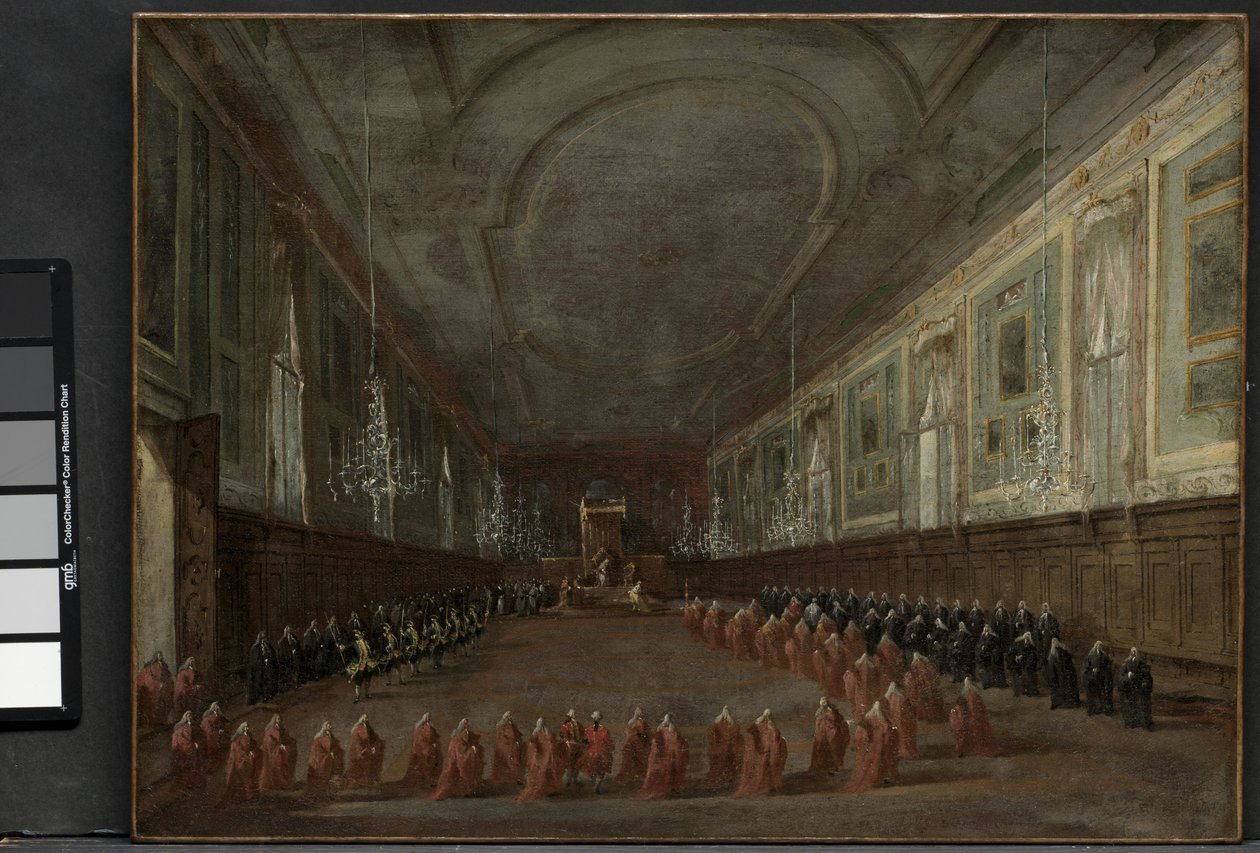 Papež Pius VI. sestupuje z trůnu, aby opustil dóžete v sále SS. Giovanni e Paolo, 1782 a papežský obřad v SS. Giovanni e Paolo, Benátky, 1782, c. 1783 od Francesco Guardi