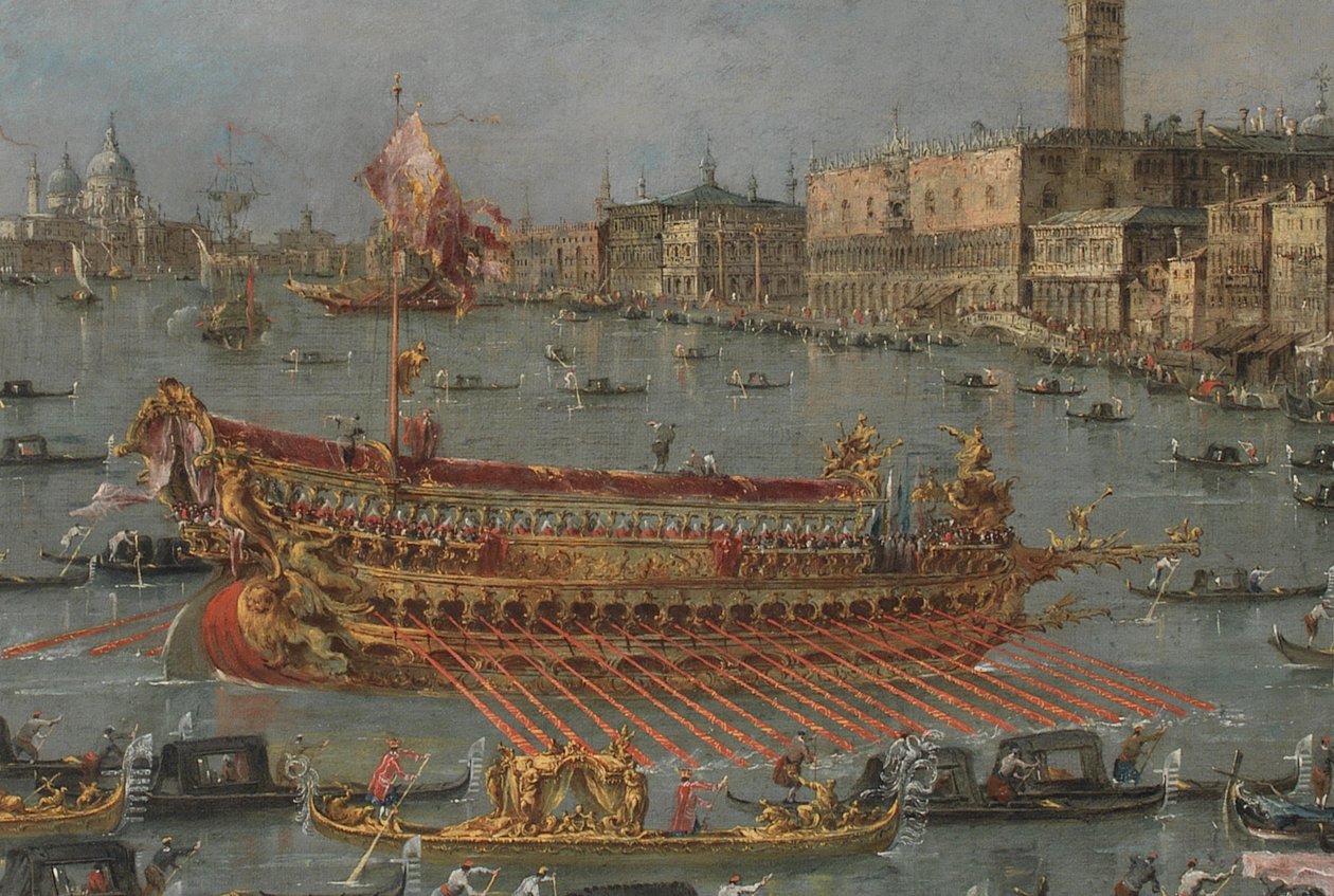 Festival Bucintoro v Benátkách. Bacino di S. Marco s Bucintoro, dóžecí státní člun, na Den Nanebevstoupení Páně (detail), 1780-93 od Francesco Guardi