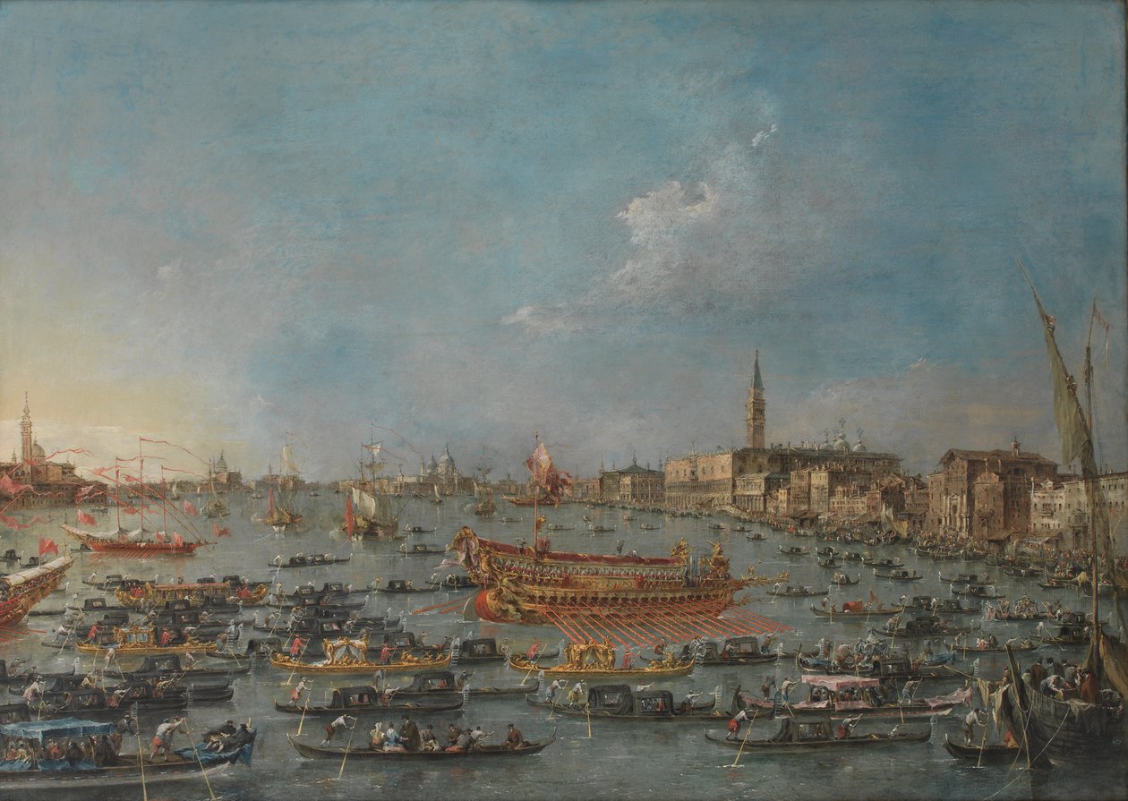Festival Bucintoro v Benátkách. Bacino di S. Marco s "Bucintoro", dóžecí státní bárkou, na Den Nanebevstoupení Páně od Francesco Guardi