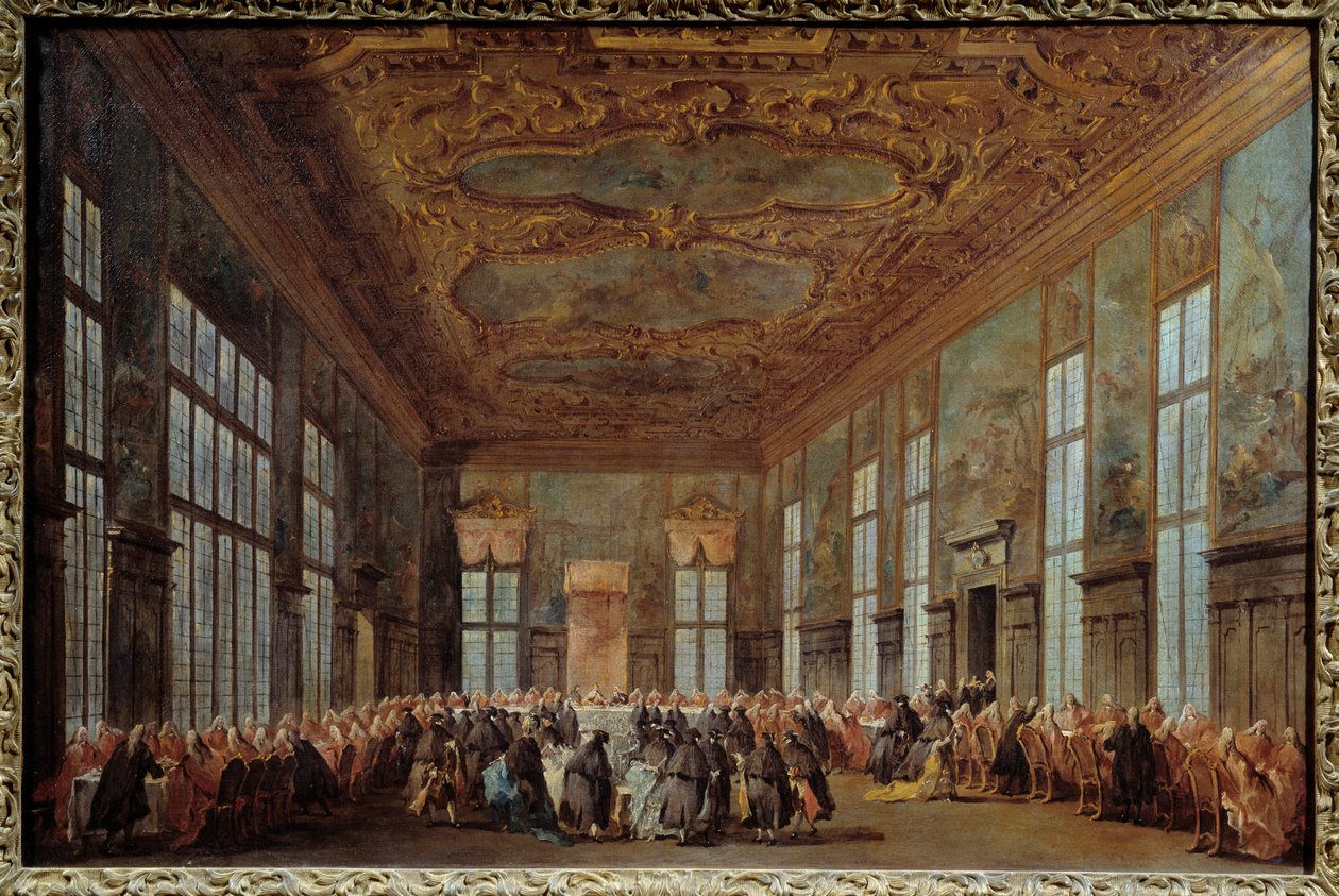 Benátský dóže Alvise IV Mocinego (1701-1778) nabízí snídani velvyslancům Obraz Francesca Guardiho (1712-1793) Slunce 18. století. 0,67x1,01 m Nantes, Muzeum výtvarných umění od Francesco Guardi