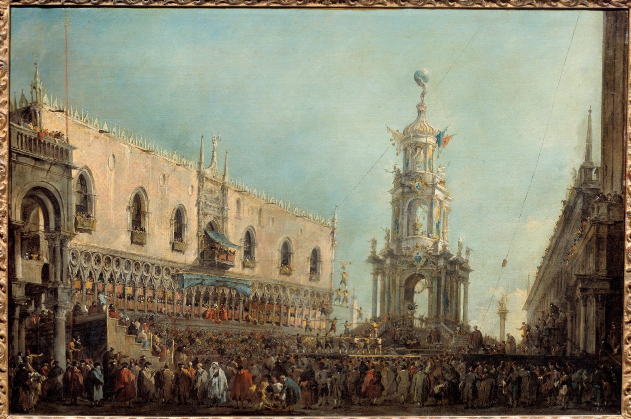 Benátský dóže navštěvuje oslavy Gras Čtvrtek na Piazzetta di San Marco Dóže Alvise IV Mocenigo (1701-1778) navštěvuje akrobatická představení z balkonu Dóžecího paláce. Obraz Francesca Guardiho (1712-1793) 1766-1770 Ne. 0,67 x 1 m od Francesco Guardi