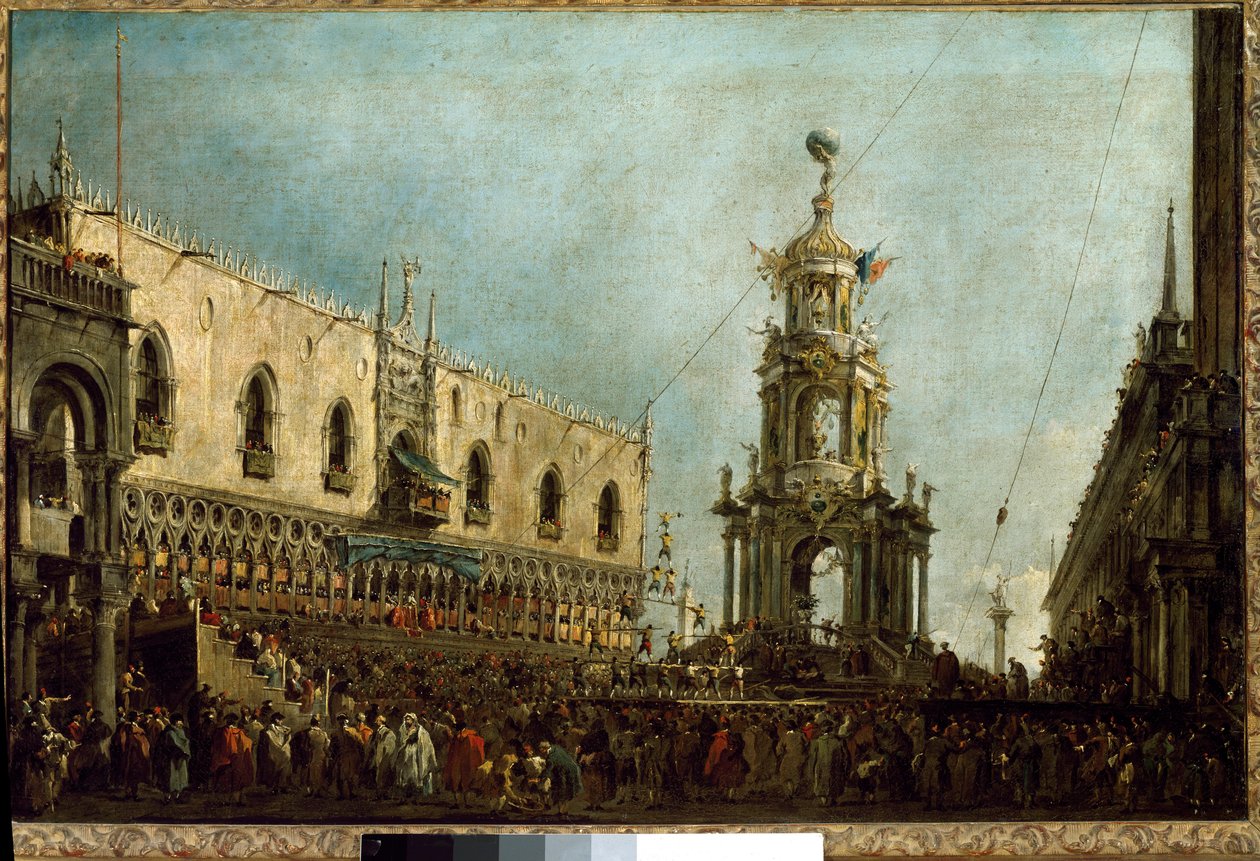 Benátský dóže se účastní oslav masopustního úterý na náměstí Piazzetta di San Marco (olej na plátně od Francesco Guardi
