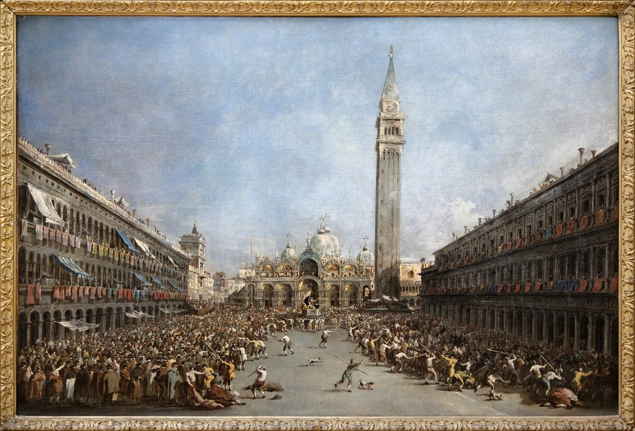 Benátský dóže nese gondoliéry po svém zvolení na náměstí sv. Marka (San Marco) (pohled na baziliku sv. Marka a zvonici), Olejomalbu od Francesca Guardiho (1712-1792). Fotografie, KIM Youngtae, Grenoble, Musee de Grenoble. od Francesco Guardi