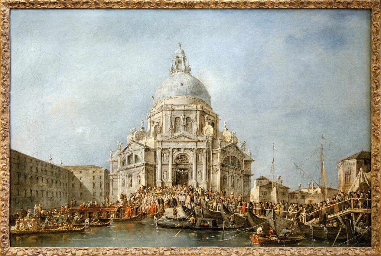 Benátský dóže jde na Salute of Venice, Každý rok 21. listopadu šel dóže do baziliky Santa Maria della Salute, vzdělaný jako díkůvzdání za konec moru v roce 1630, aby poděkoval Panně Marii za toto vysvobození, lodní most od Francesco Guardi