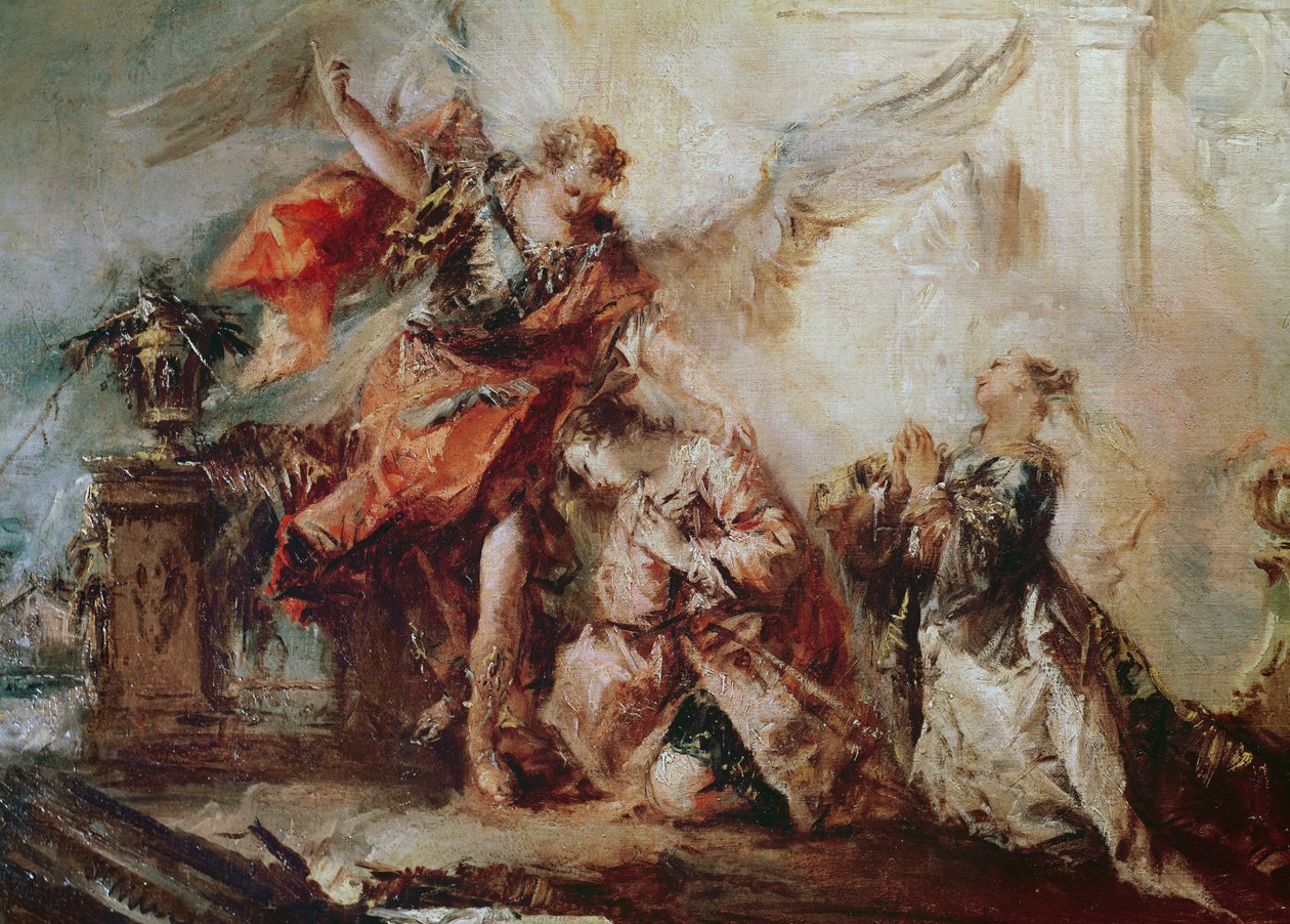 Tobiášova svatba, detail páru Sary a Tobiáše před Raphaelovým prostředníkem vzdávajícím díky Bohu, kolem roku 1750 od Francesco Guardi