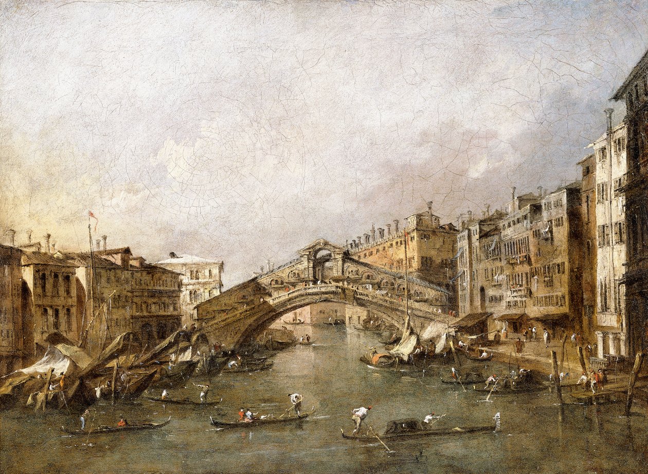 Most Rialto, Benátky, s gondolami v popředí, od Francesco Guardi