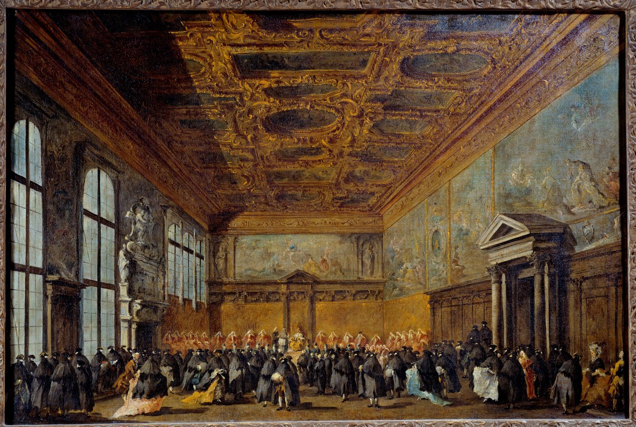 Audience udělená benátským dóžem (pravděpodobně Alvise IV Mocinego (1701-1778)) v College Hall v Dóžecím paláci v Benátkách Obraz Francesca Guardiho (1712-1793) 1766-1770 Ne. 0,67 x 1,01 m od Francesco Guardi