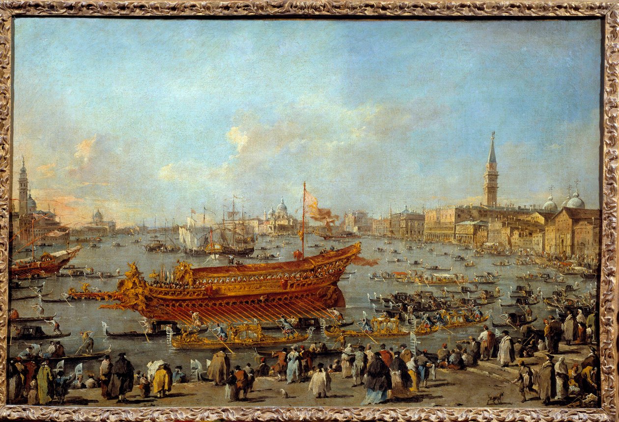 Odjezd Bucentaura (Bucentoro) směrem k benátskému Lidu v den Nanebevstoupení Páně Obraz Francesca Guardiho (1712-1793) 1766-1770 Ne. 0,66x1,01 m - Odjezd Bucentaura (Bucentoro) do benátského Lida na obřad Nanebevstoupení Páně. Pai od Francesco Guardi
