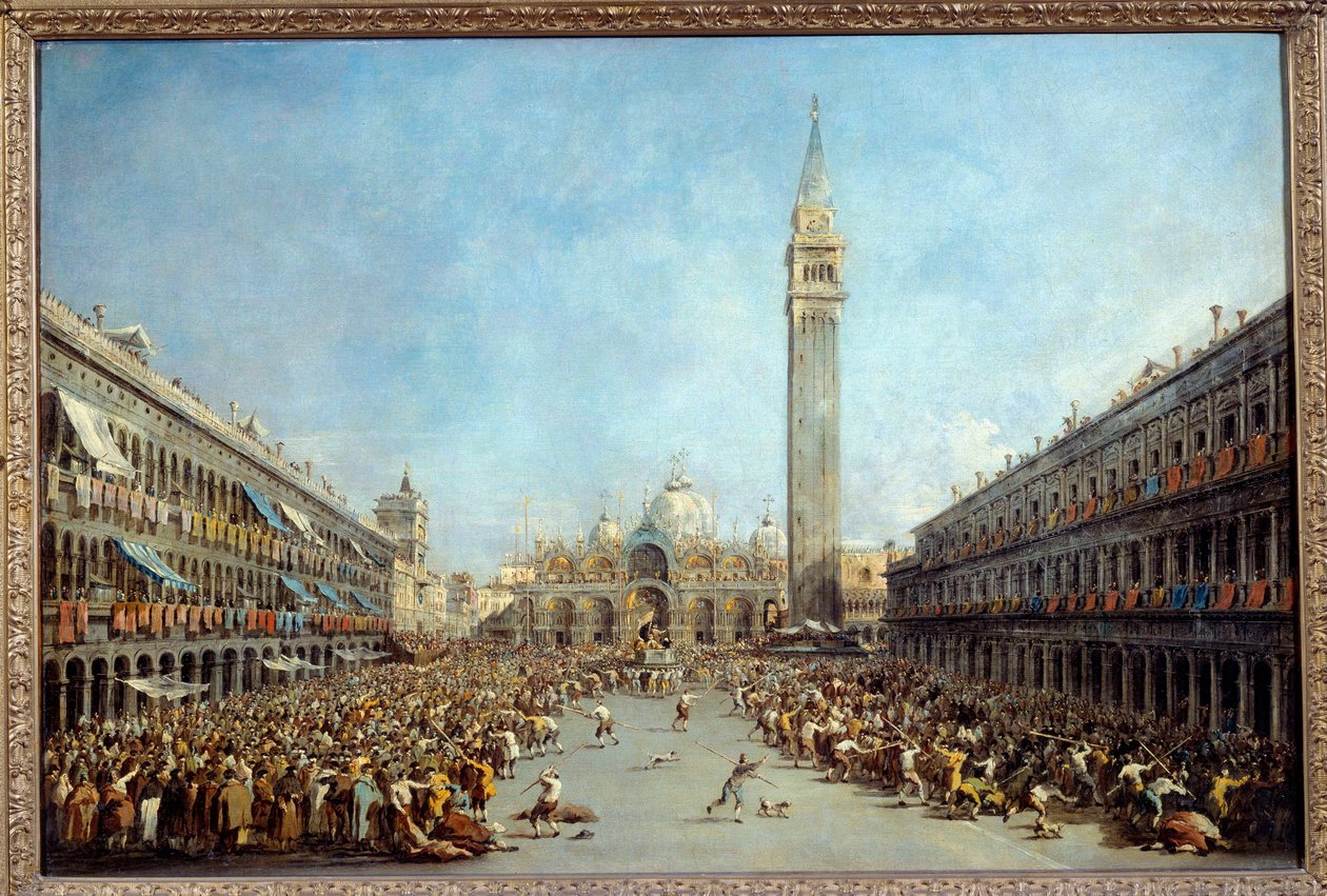 Benátský dóže Alvise IV nese gondoliéry po svém zvolení Square Saint Mark v roce 1763 Obraz Francesca Guardiho (1712-1792) 1770 Ne. 0,67x1 m Grenoble, Musee des Beaux Arts od Francesco Guardi