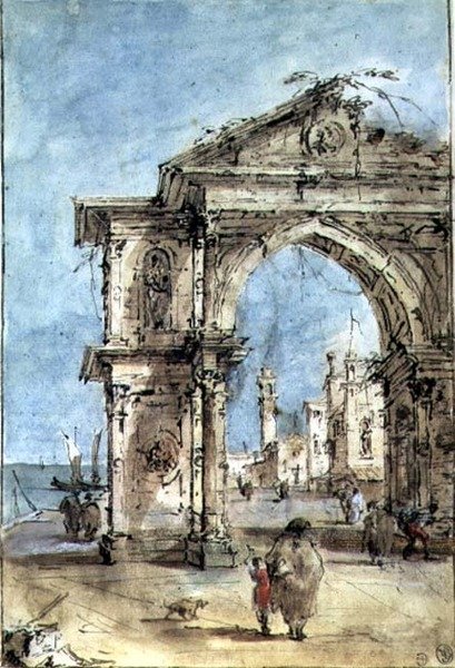 Triumfální oblouk na nábřeží (pero a hnědý inkoust, wash, akvarel, zvýrazněno bílou) od Francesco Guardi