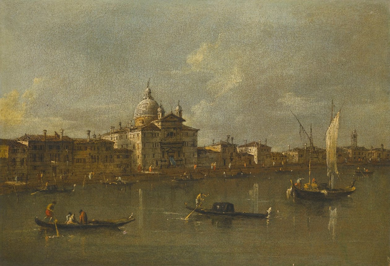 Benátky, pohled na Giudeccu a kostel le Zitelle od Francesco Guardi