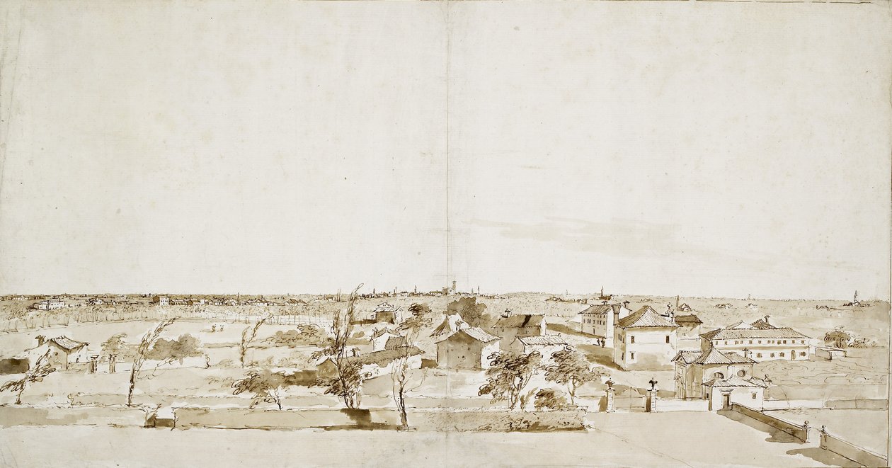 Pohled přes zahradu vily Loredan (pero a hnědý inkoust s hnědým praním na bílém papíře) od Francesco Guardi