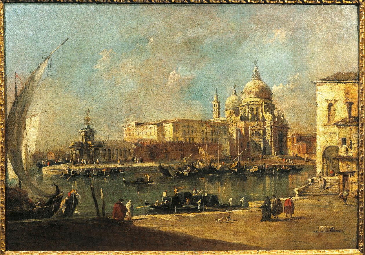 Pohled na Dogana a Santa Maria della Salute, Benátky (olej na plátně) od Francesco Guardi