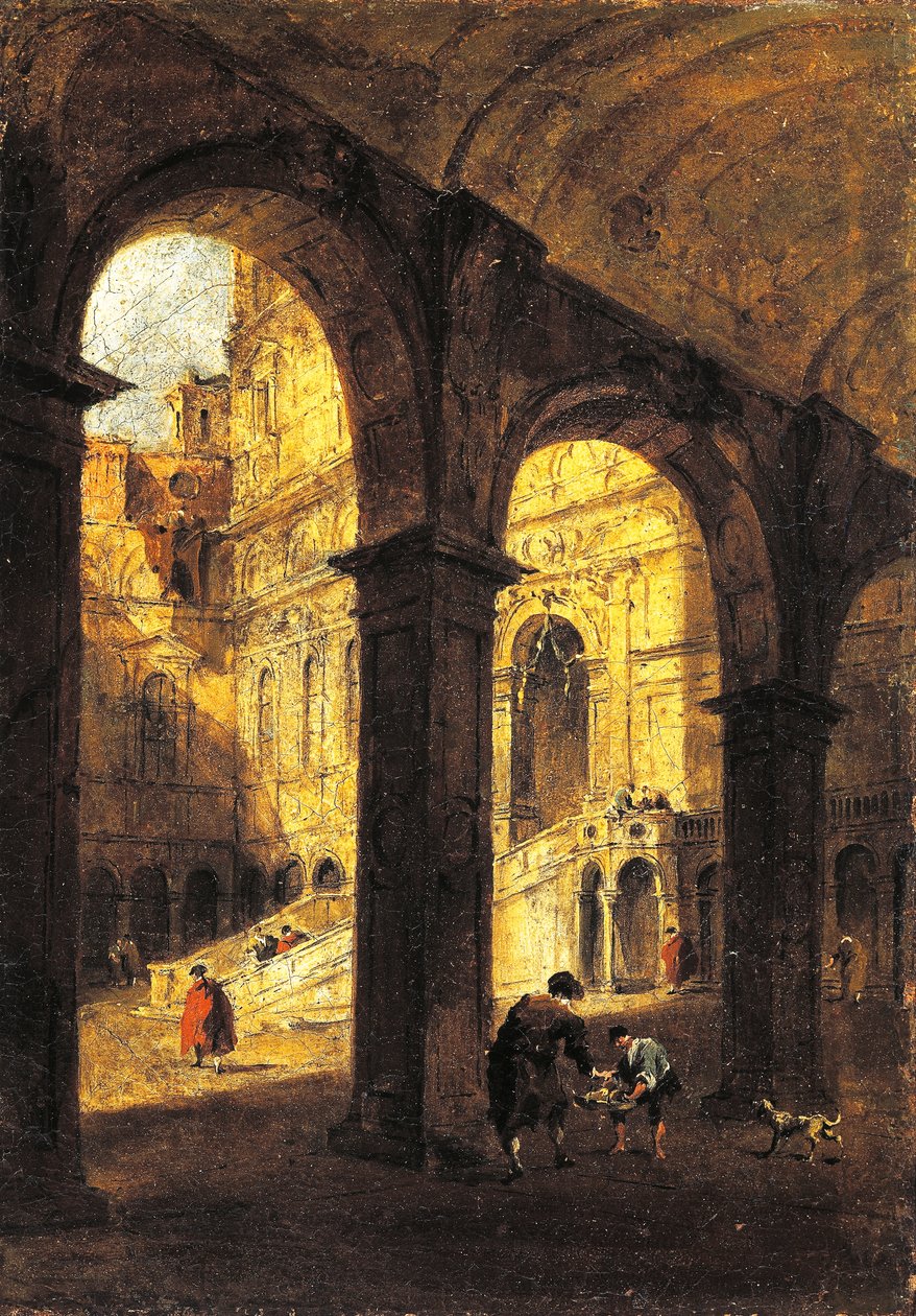 Pohled na nádvoří Palazzo Ducale a Obří schodiště (Scala dei Giganti), v Benátkách, ca 1780, Francesco Guardi (1712-1793), olej na plátně, 26x39 cm. od Francesco Guardi