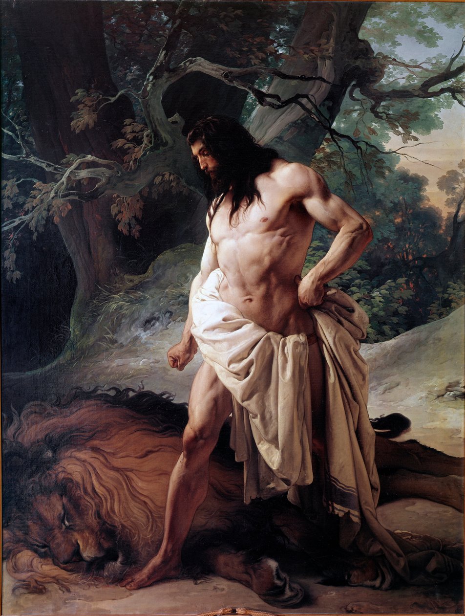 Samson sleduje lva, kterého právě zabil holýma rukama (olej na plátně od Francesco Hayez