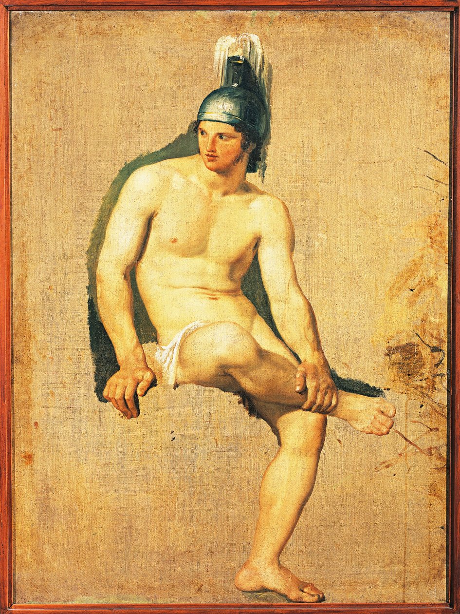 Studie nahého válečníka sedícího s helmou na hlavě, Francesco Hayez, olej na plátně od Francesco Hayez