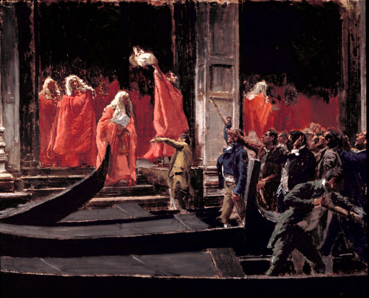 Poslední zasedání Senátu Benátské republiky v době jeho vstupu do Italského království v roce 1866 Obraz Francesca Jacovacciho (1838-1908) Řím, Galleria Nazionale d