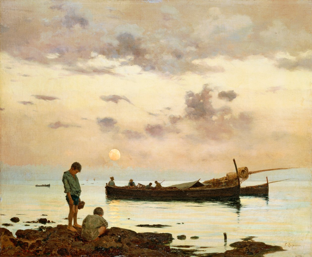 Marina s rybářskou lodí a chlapci, Francesco Lojacono (1838-1915), olej na plátně, 64x77 cm od Francesco Lojacono