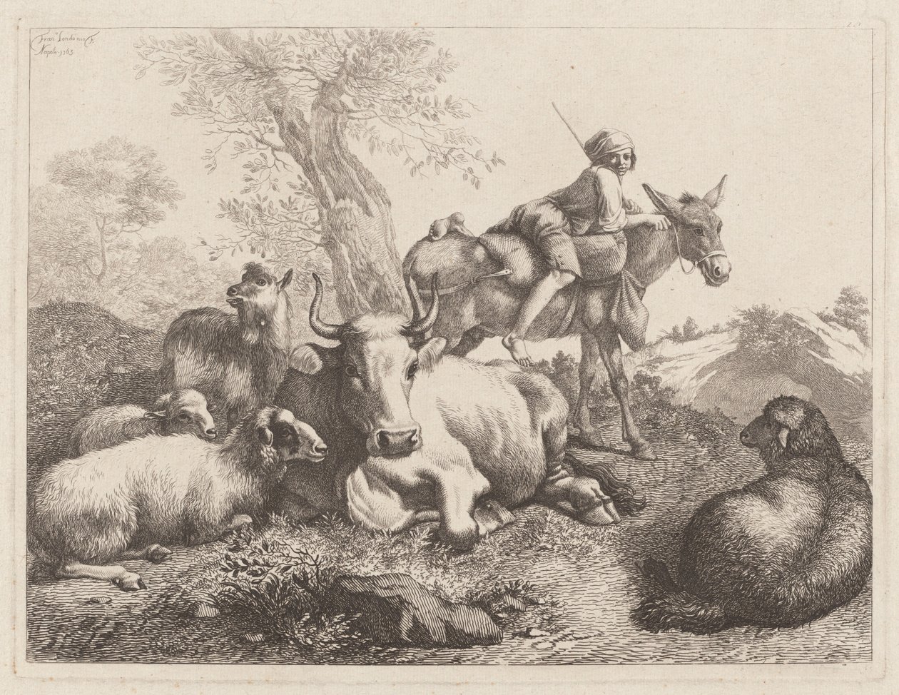 Chlapec na oslu hlídající skupinu zvířat, 1763. od Francesco Londonio