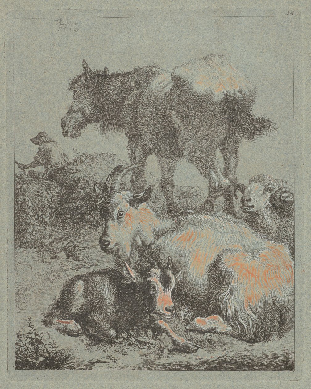 Kůň, beran, koza s kůzlátkem, v dálce pastýř se stádem, 1759. od Francesco Londonio