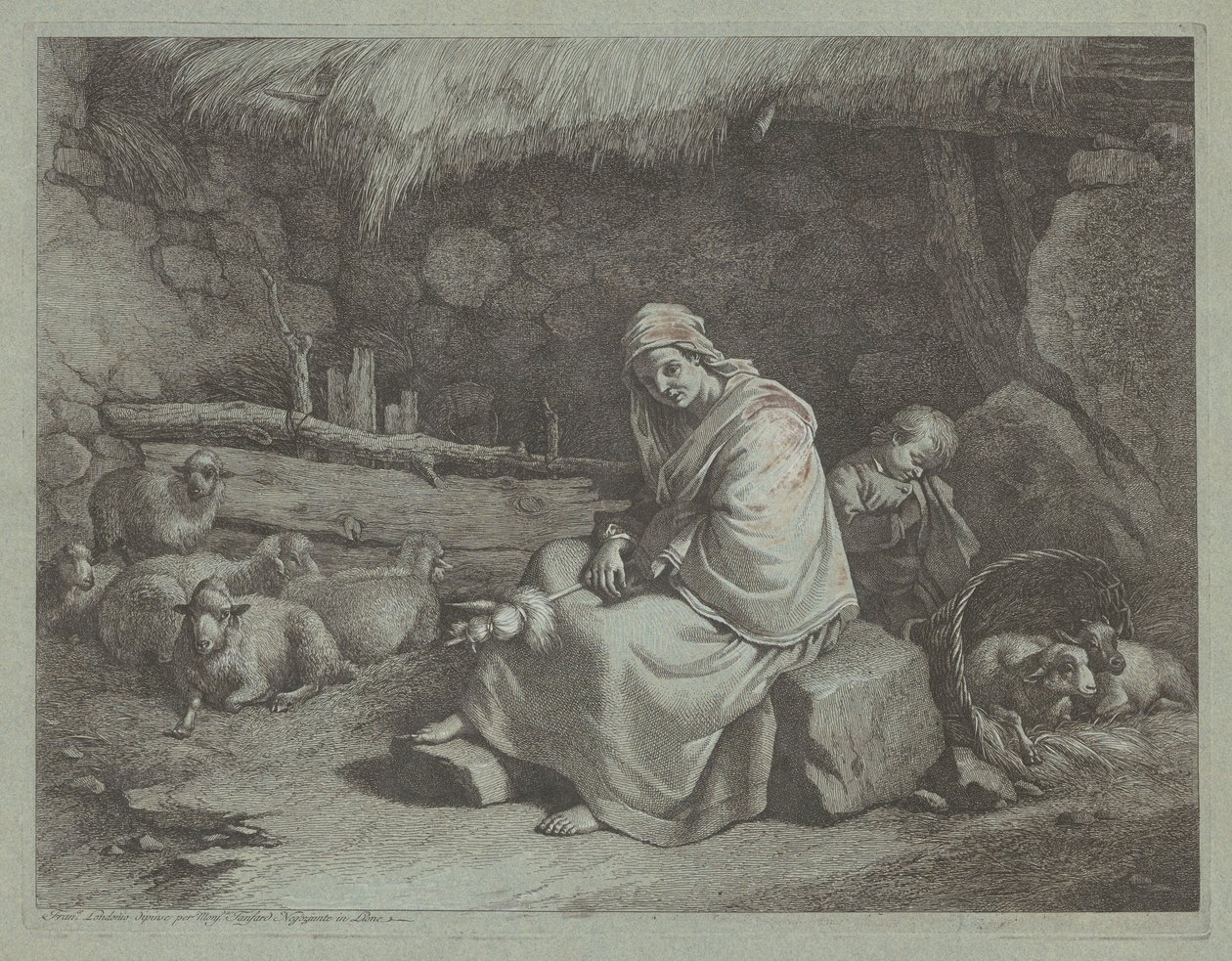 Interiér stáje se sedícím přadlenem a spícím dítětem, 17591782. od Francesco Londonio