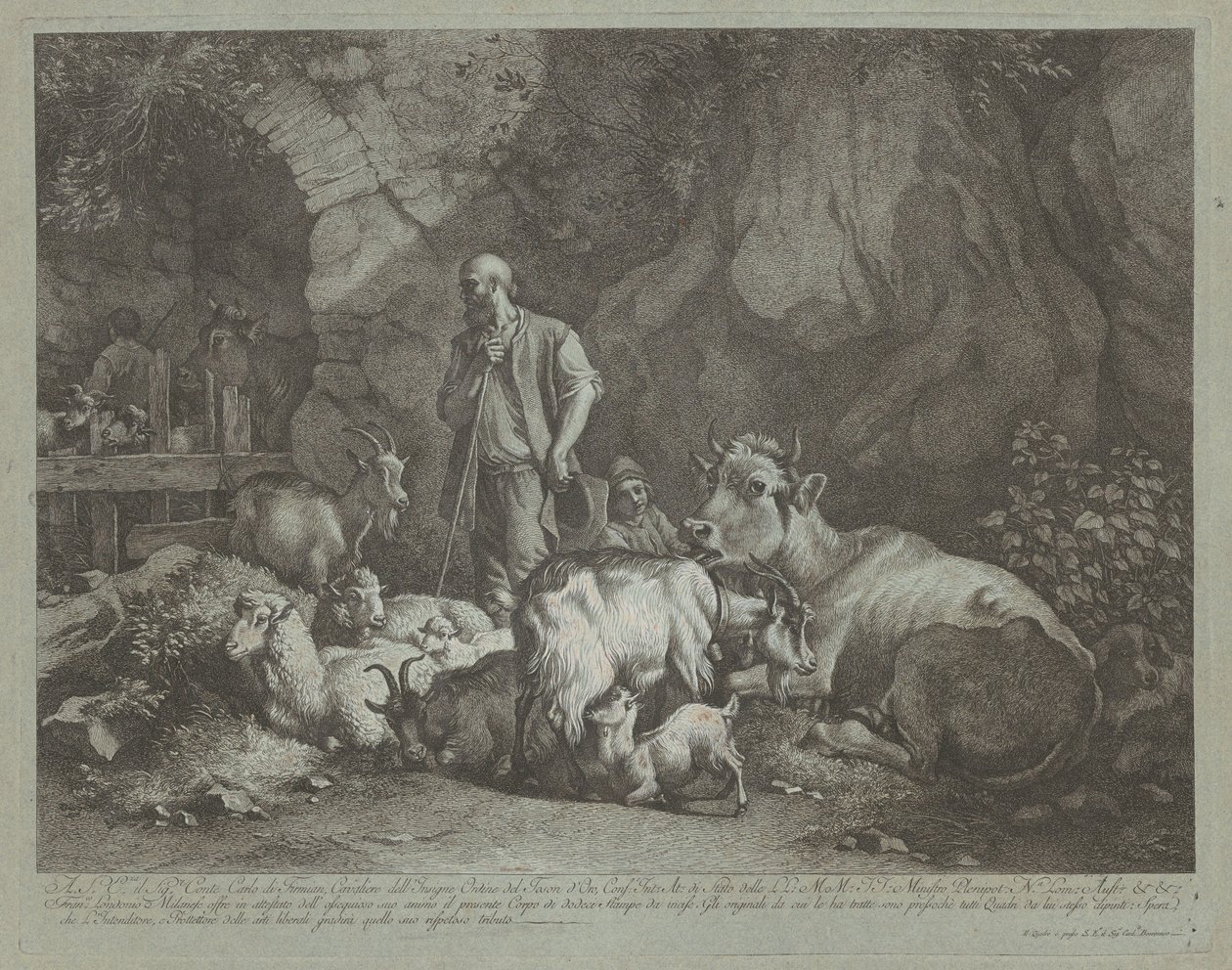 Starý, holohlavý ovčák, sedící ovčák a stádo, po roce 1766. od Francesco Londonio