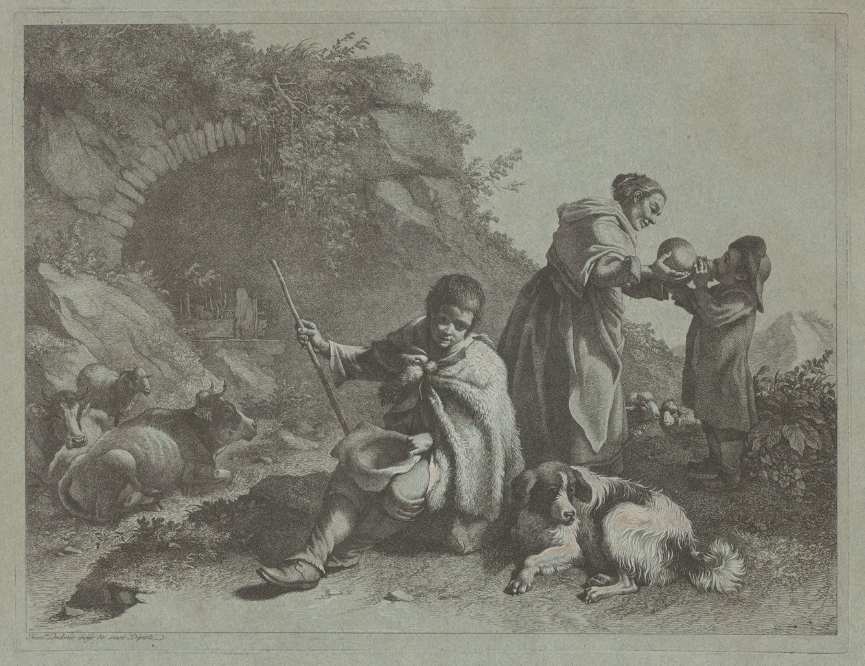 Sedící ovčák a žena dávají drink dítěti, 17591782. od Francesco Londonio