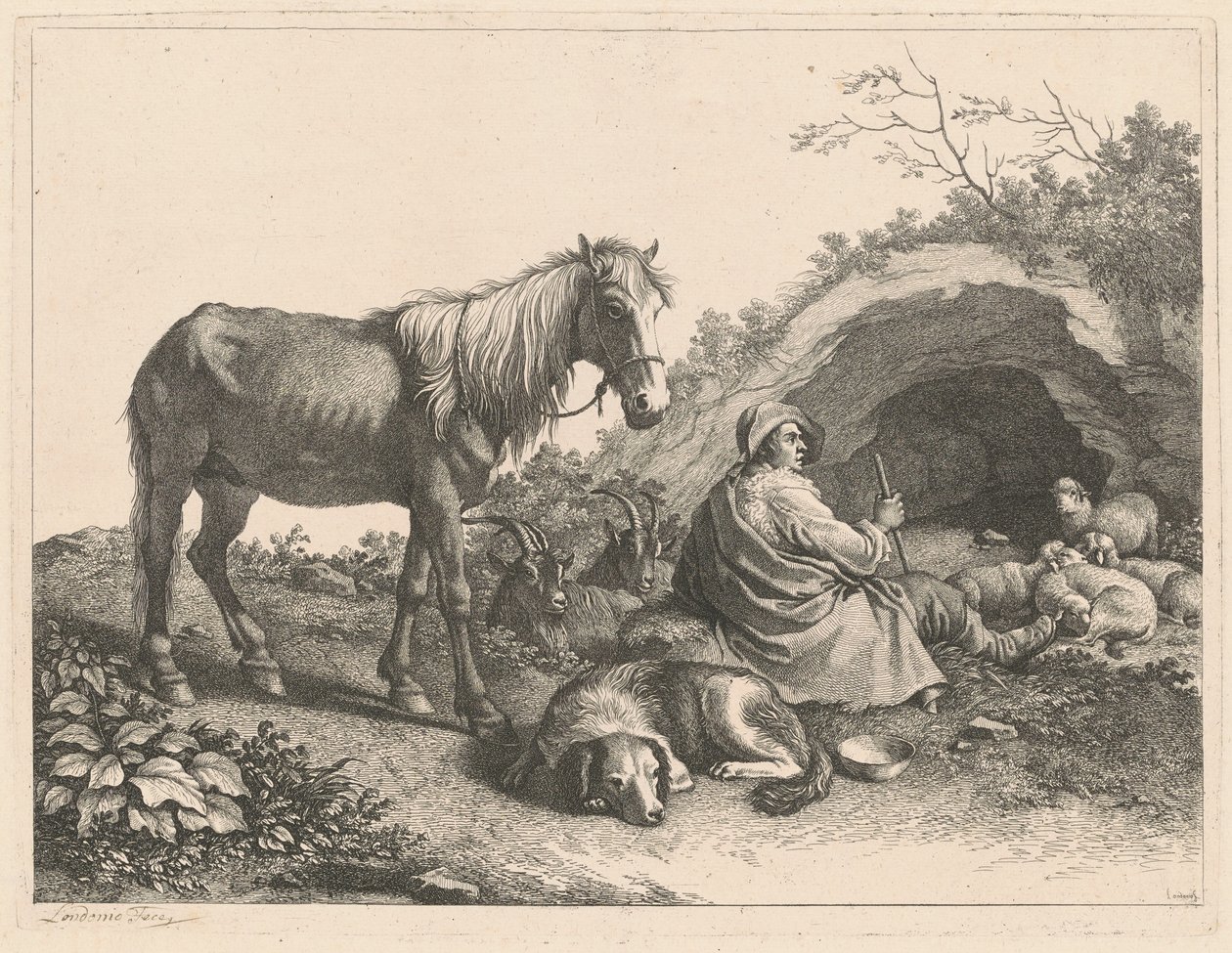 Sedící ovčák s koněm, psem, kozami a ovcemi, po roce 1776. od Francesco Londonio