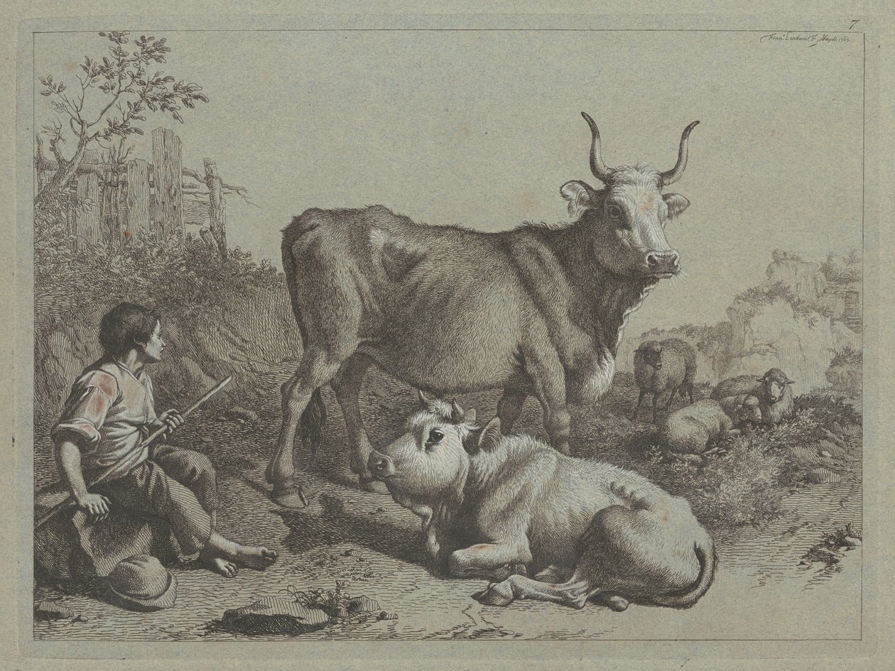 Sedící ovčák s býkem a býkem, 1763. od Francesco Londonio