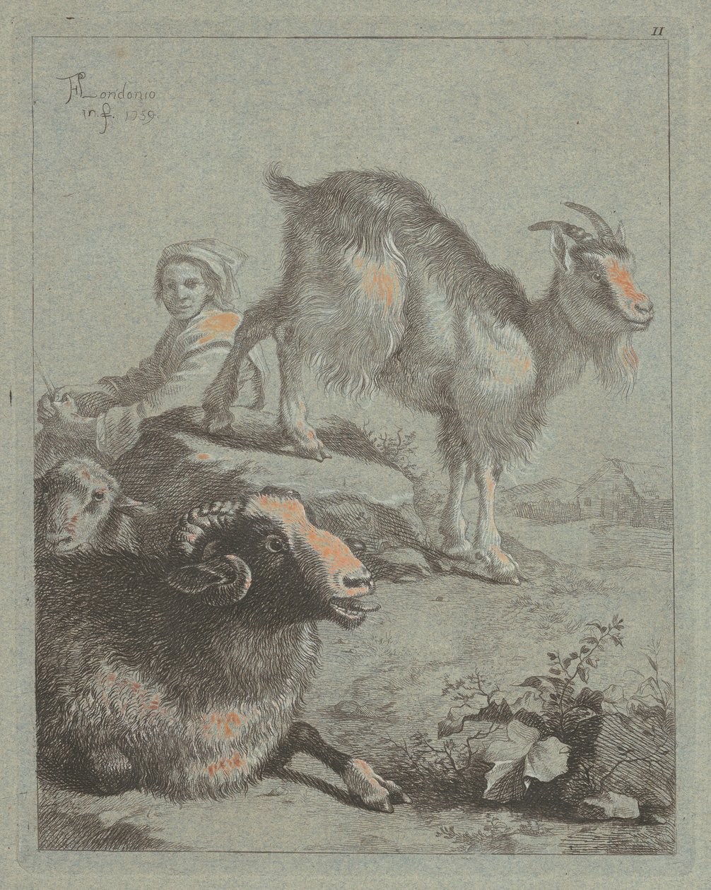 Sedící pastýřka, beran, ovce a koza, 1759. od Francesco Londonio