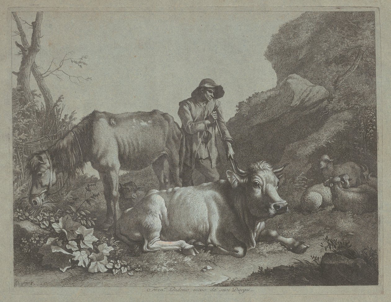 Pastýř odpočívající na vycházkové holi se starým koněm a ležícím býkem, po roce 1767. od Francesco Londonio