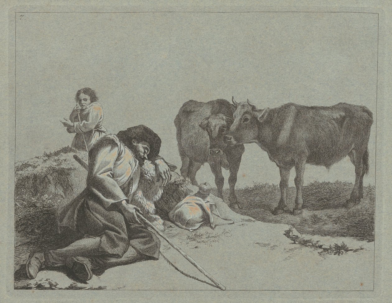 Spící pastýř, dvě telata a selka, 17621763. od Francesco Londonio