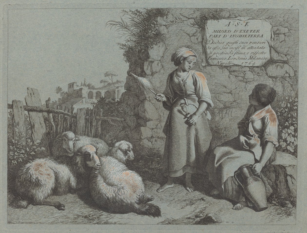 Dvě dívky konverzují: Jedna stojí a točí, 1764. od Francesco Londonio