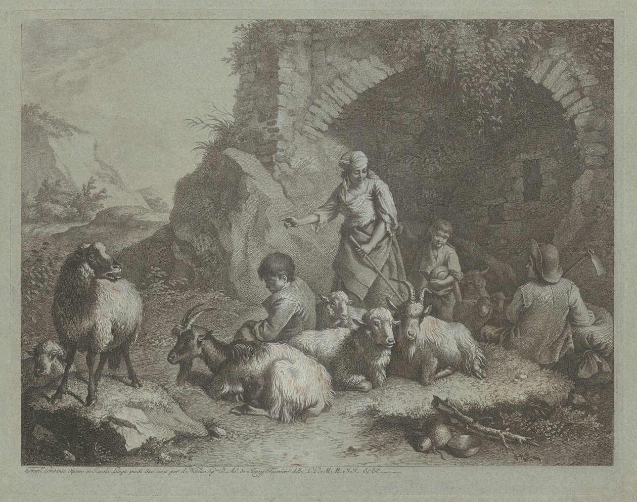 Žena, pastýři a ovce u oblouku, 17591782. od Francesco Londonio
