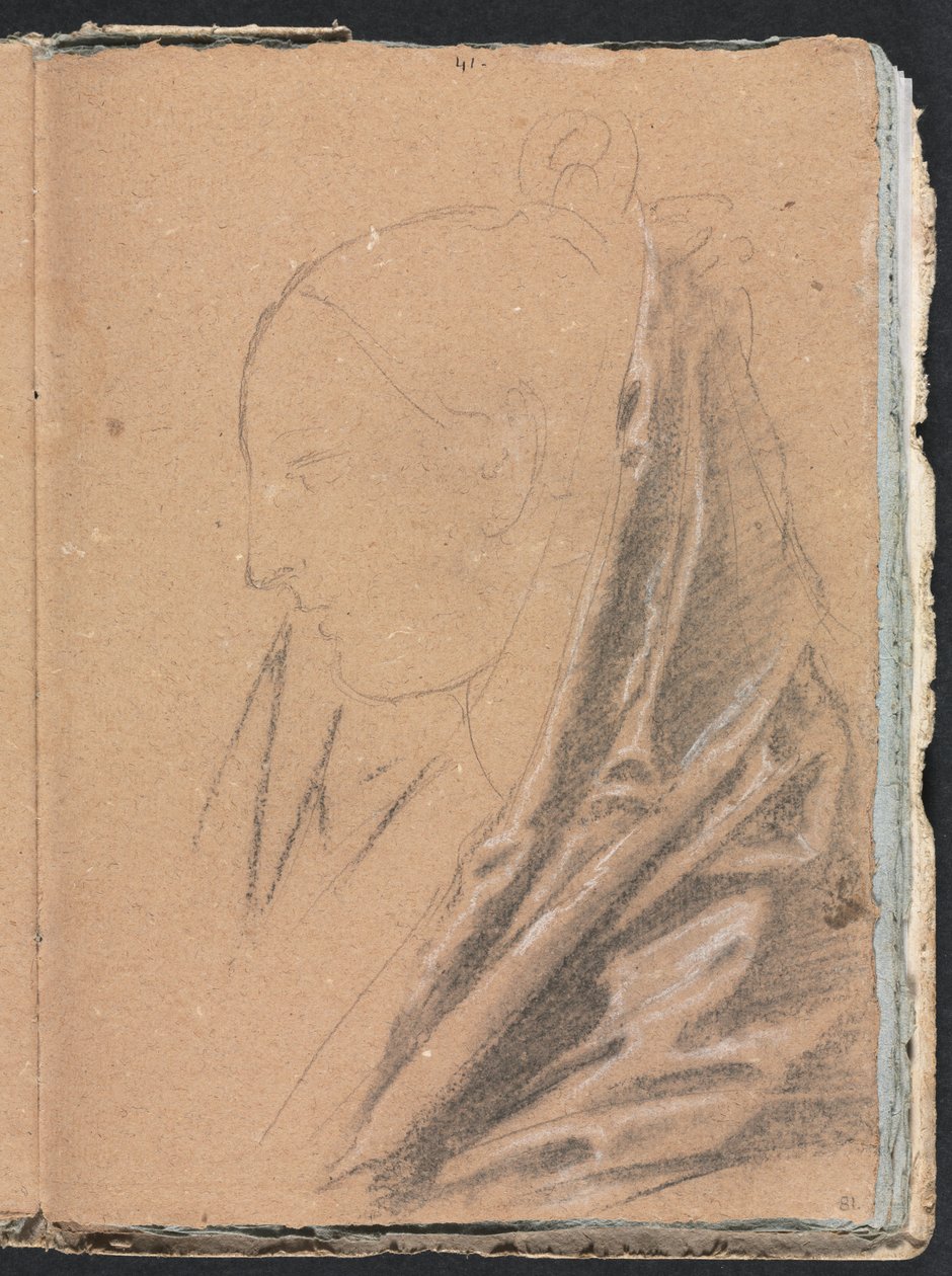 Verona Sketchbook: Ženská hlava se závěsem strana 81, 1760. od Francesco Lorenzi